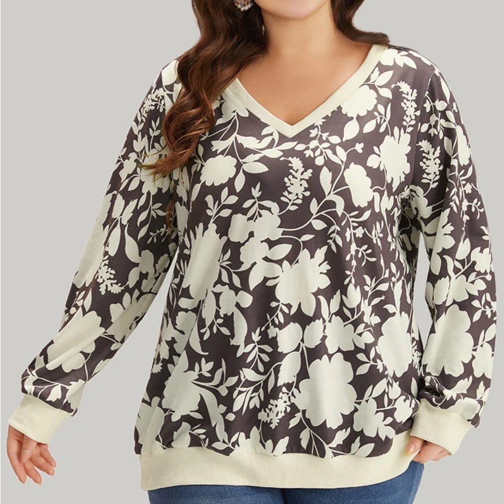 BloomChic Silhouette Floral Print Contrast Trim V Neck Sweatshirt sz 12 casual